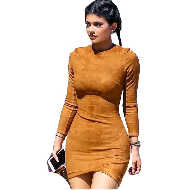Winter Suede Long Sleeve Retro Beautiful Warm Bodycon Wrap Dress