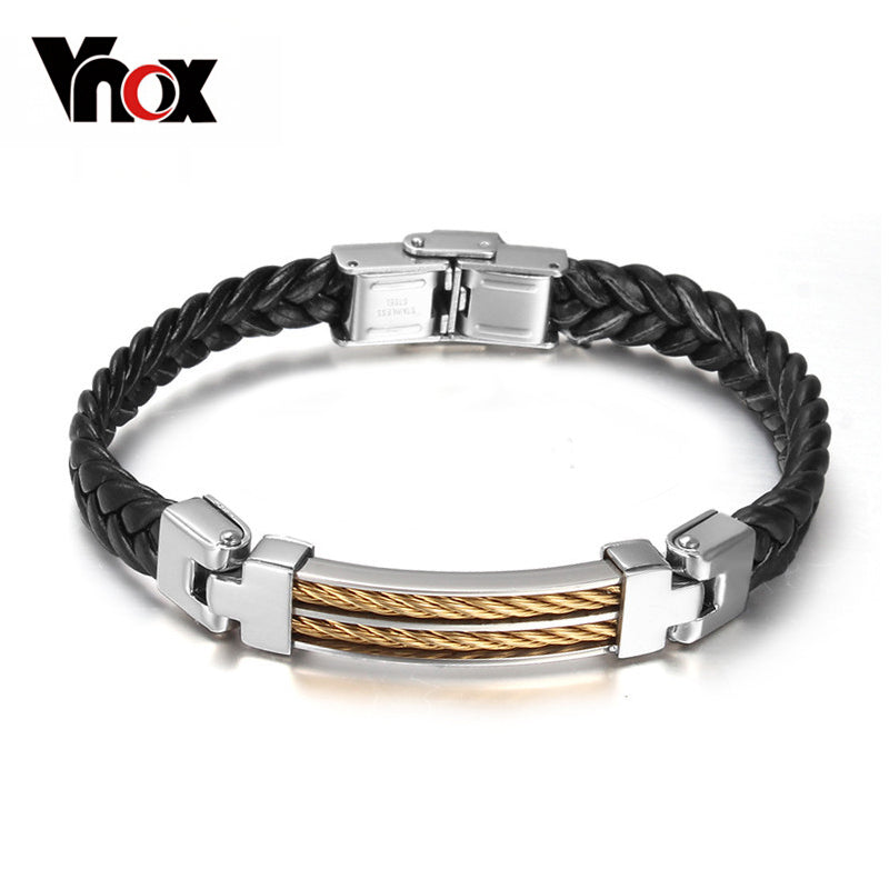 Vnox Fashion Black Leather Bracelets Men Jewelry Stainless Steel Wire