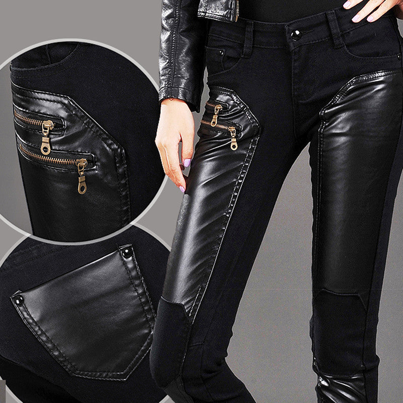 Jeans Women 2016 Fashion Pu Leather Patchwork Pants Denim Skinny Pencil Pants Zip Decorate Black Trousers PT-010