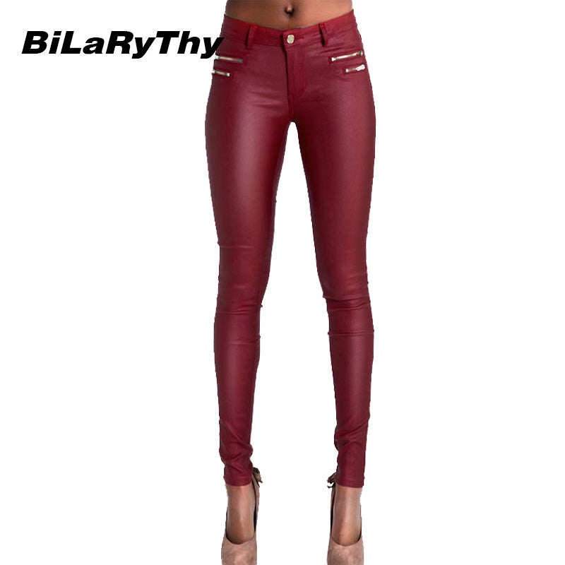 BiLaRyThy Fashion Women Sexy Wine Red Coated Jeans Low Waist Double Size Zippered PU Imitation Leather Skinny Pencil Pants