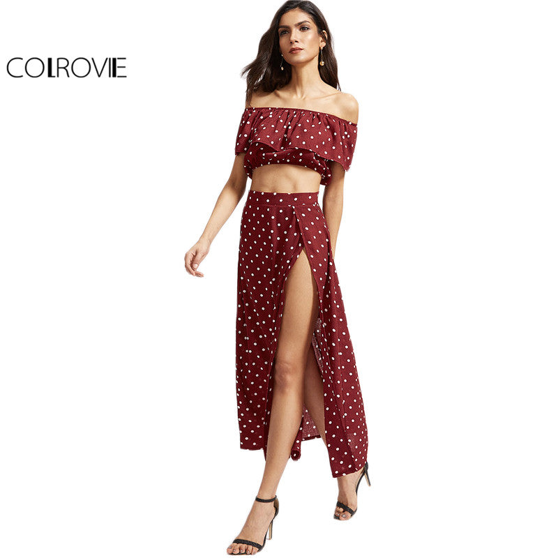 Polka Dot Two Piece Set Women Sexy Ruffle Vintage Crop Top With Maxi Skirt Set