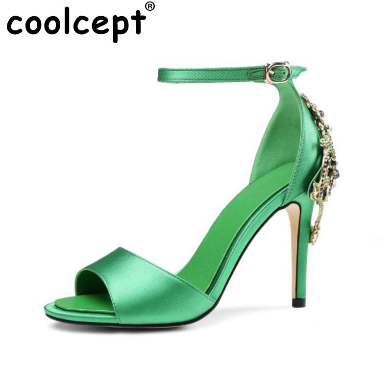 Coolcept Size 34-43 Ladies Genuine Leather High Heel Sandals Women Ankel Strap Rhinestone Summer Shoes Sexy Club Female Sandal