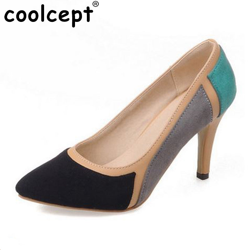 Women High Heels Shoes Mixed Color Pointed Toe Suede Leather Stiletto Pumps Dress Office Ladies Footwear Size 32-43