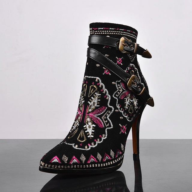 ASUMER High Quality Autumn Winter Women Buckle ankle boots high heels Genuine leather motorcycle boots Ethnic flower lady shoes