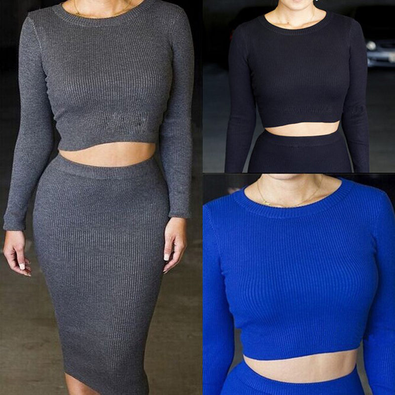 Autumn and winter Slim long sleeve cotton wool two-piece knit dress