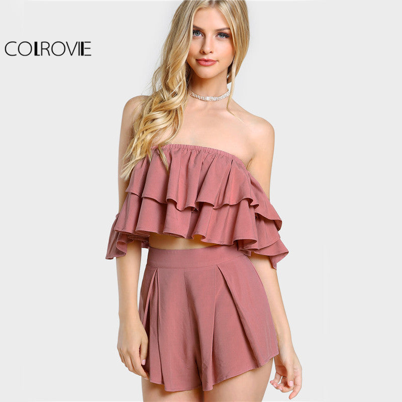Sexy 2 Piece Set Bardot Crop Top Ruffle Pleated Zip Up Two Piece Set
