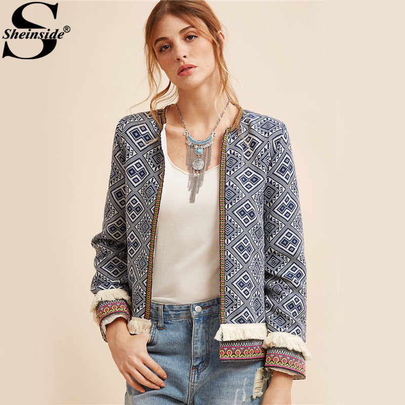 Sheinside Tribal Embroidered Jacket Blue Vintage Fringe Tape Trim Women Autumn Coat 2017 Spring Long Sleeve Elegant Boho Jacket