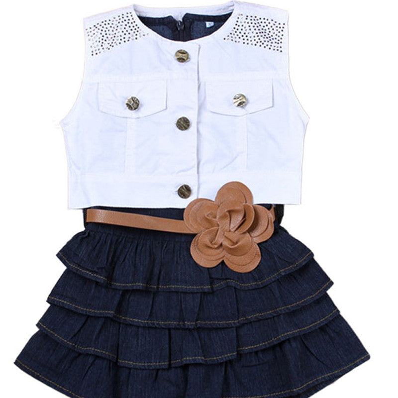 Denim vest skirt Children Girls Summer Models Girls Vest Jeans Dress + Jacket 2pc Suits