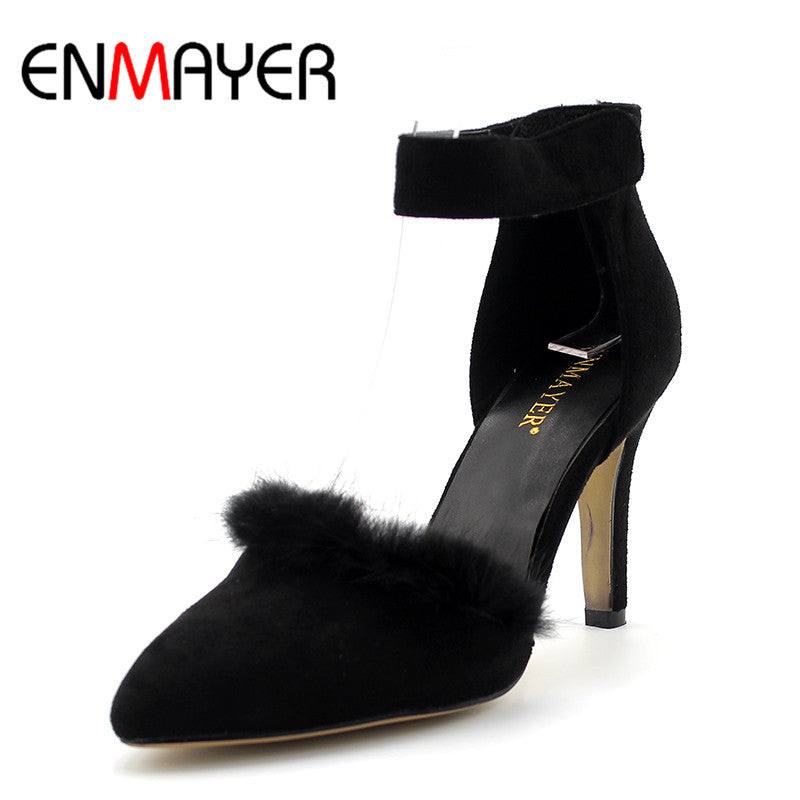 ENMAYER Fur Charms Shoes Woman High Heels Poined Toe Classic Black Office&Career Shoes Buckle Strap Office Lady Shoe Plus Size47
