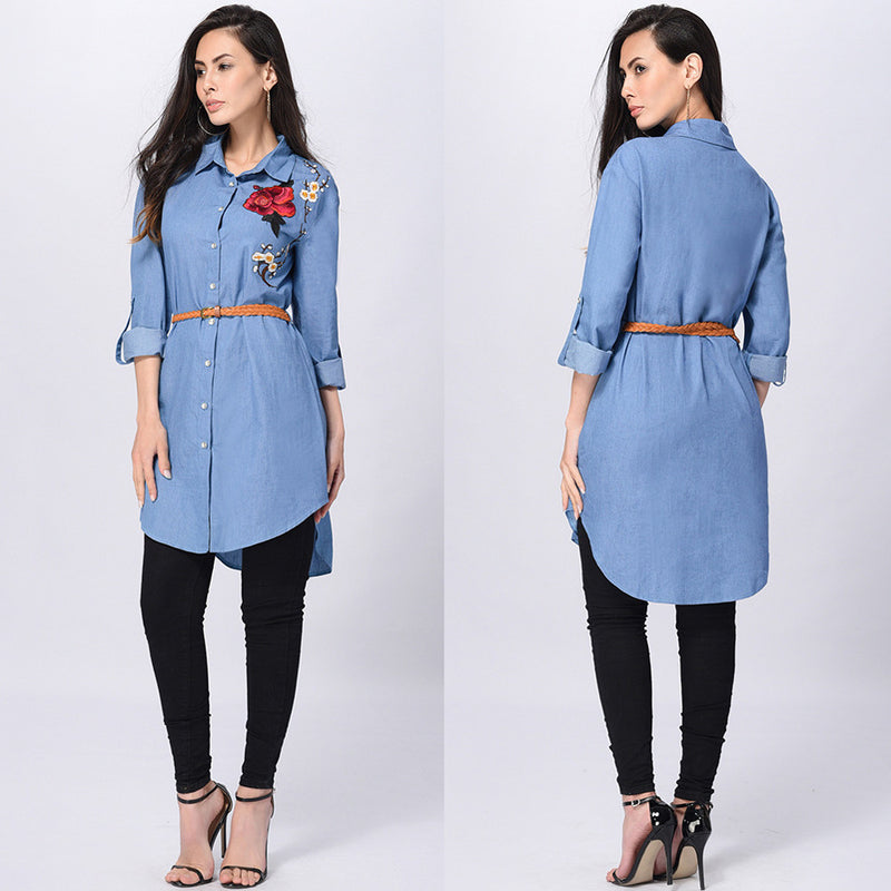 Rose Embroidered  Long Sleeve Collared  Party Top Turn-down Collar Shirts
