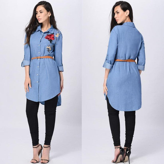Rose Embroidered  Long Sleeve Collared  Party Top Turn-down Collar Shirts