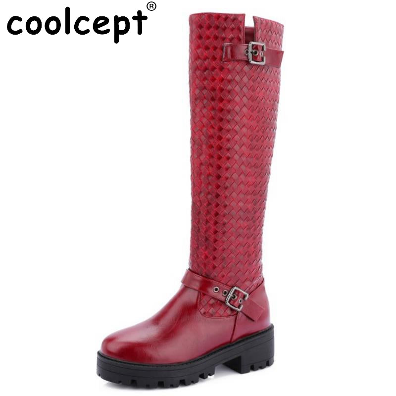 New Fashion Ladies Round Toe Square Heel Knee Boots Women Buckle Style Knight Boot Autumn Winter Footwear Shoes Woman Size 33-43