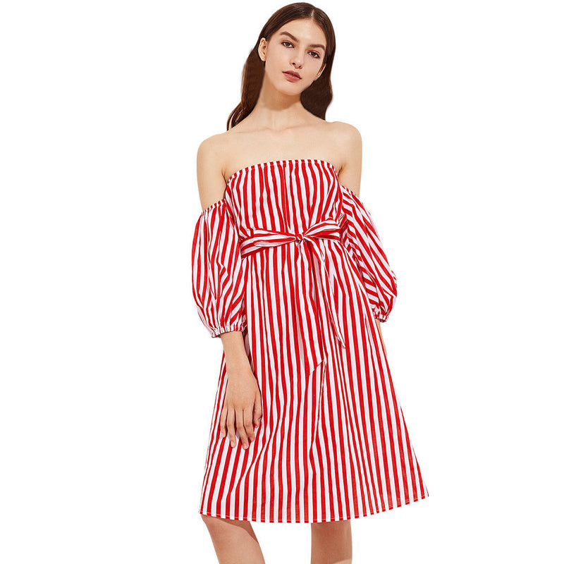 Womens Autumn Dress Three Quarter Red White Striped Sexy Off Shoulder