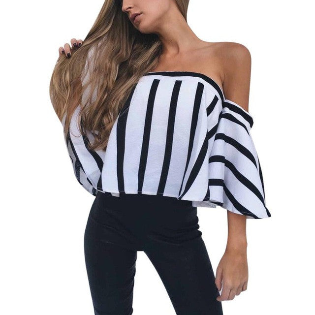 2017 Autumn Summer Stripe Blouse Women Slash Neck Off Shoulder Flare Half Sleeve Blouse Casual Tops blouse mousseline