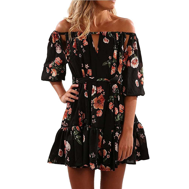 Bohemian Floral Dress Off Shoulder Beach Party Dress Three Quarter With Belt Women Chic chiffon Black Dress