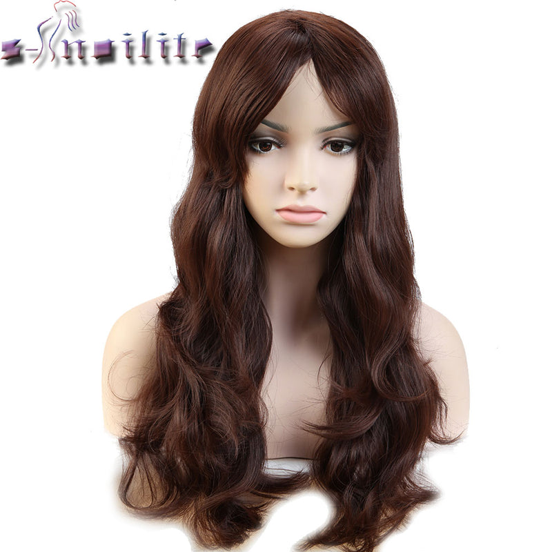 S-noilite 18inches Glueless Long Wavy Synthetic Non Lace Front Wig Heat Resistant Natural Hairline Hair Wigs For Women