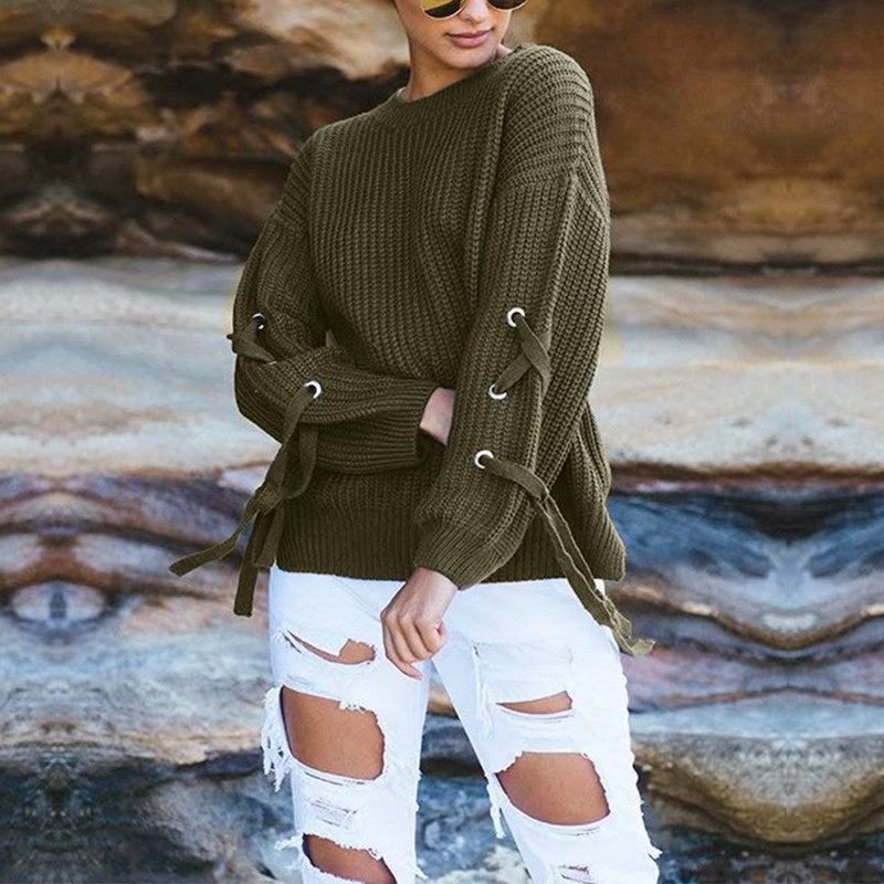 2017 New Autumn Long Sleeve Sweater Women Lace Up Knitted Winter Loose Elastic Waist Knitwear Casual Lady Bandage Solid Pullover