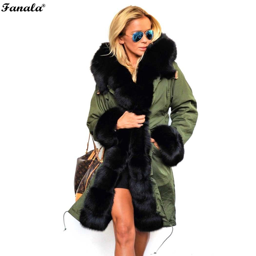 FANALA Women Winter Coats Faux Fur Women Jackets Real Large Fur Collar Thick Ladies Down & Parkas Coat Long Winter Coat Women