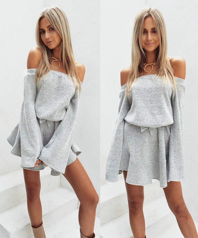 Sexy Bra Shoulder Knit Dress Color Word