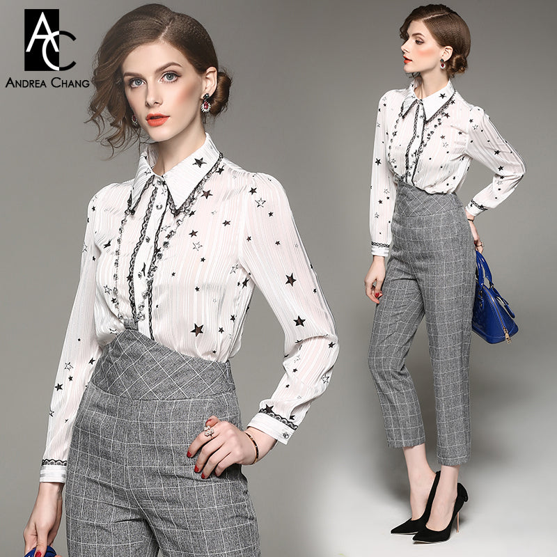 star print white blouse shirt beaded button necklace gray plaid pants fashion office outfit pantsuit
