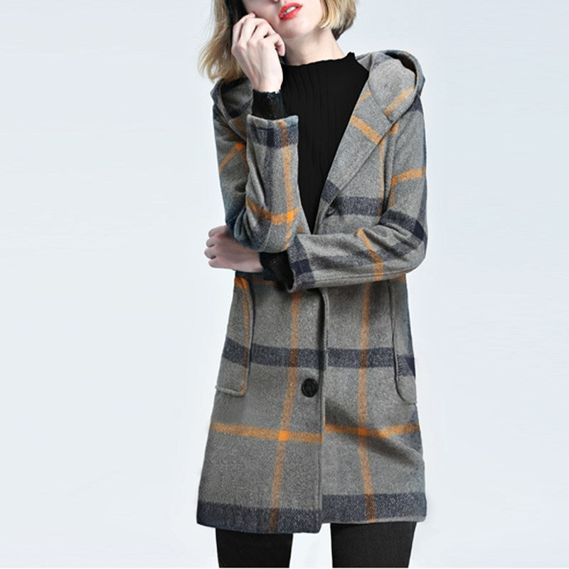 Winter Women Warm Wool Tartan Check Plaid Hooded Coat Jacket Vinatge Ladies Long Sleeve Single Breasted Outwear Overcoat Parka