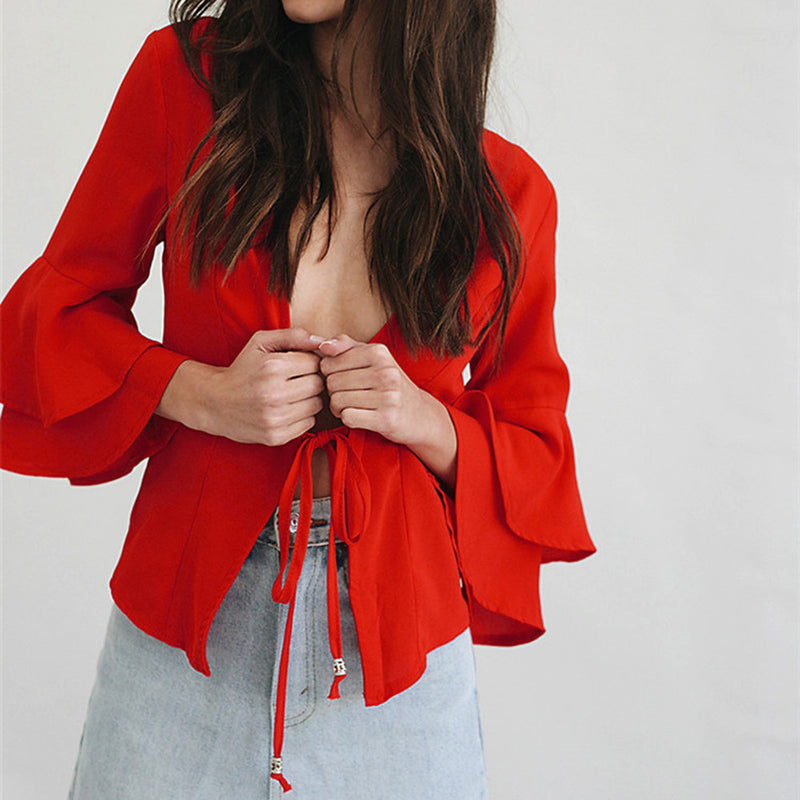 Feitong Elegant Women Blouse Butterfly Sleeve Sexy Deep V Bandage Tops