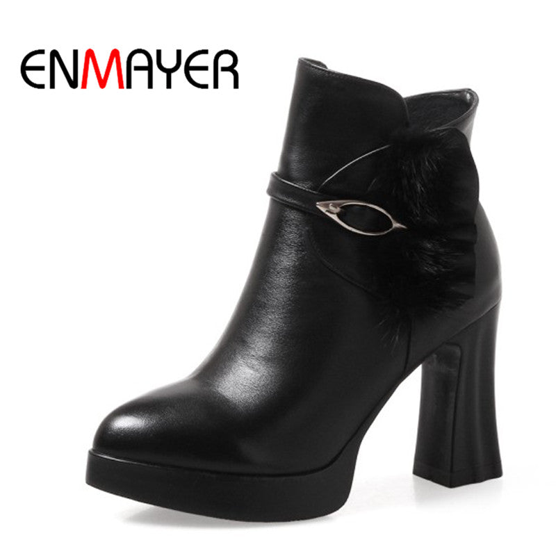 ENMAYER Women Black Ankle Boots Hoof Heels Zippers Shoes Genuine Leather Platform Boots Platform Autumn Shoes for Ladies Boots