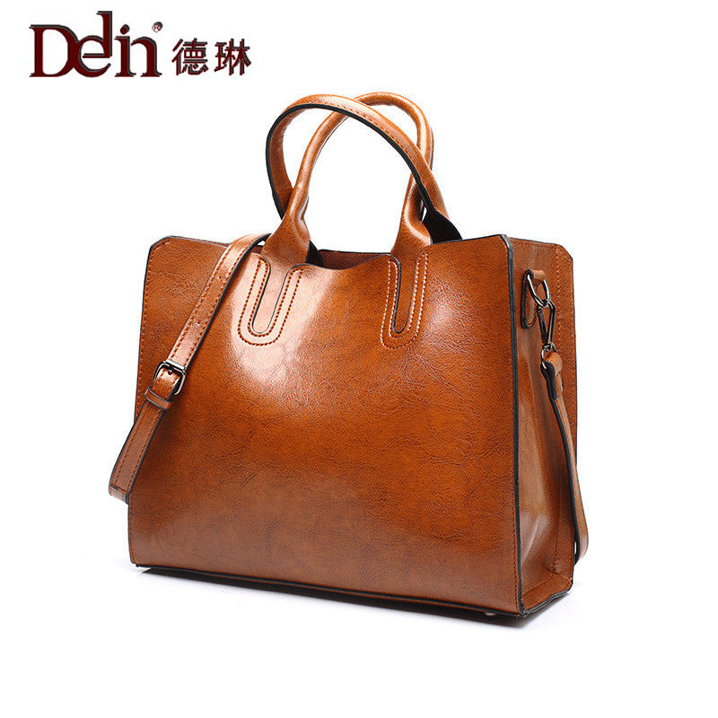New Simple Oil Wax Shoulder Tote Handbag bag