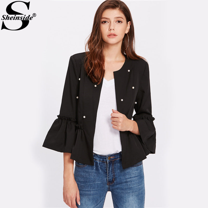 Sheinside Pearl Beaded Women Blazers and Jackets Long Flare Sleeve Frilled Hem Collarless Office Ladies Autumn Elegant Blazer