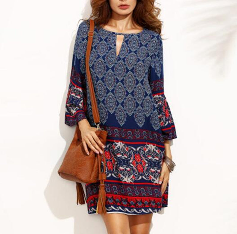 Retro Ethnic Summer Dress Women Boho Loose Sundress Big Size Ladies Long Sleeve A-Line Beach Dresses