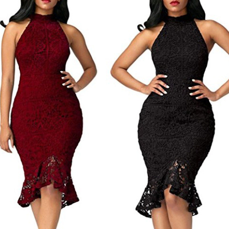 Promotion Knee-length Solid Tank Stand Women Dress Halter Women's Fashion Sexy Slim Waist Lace Dress