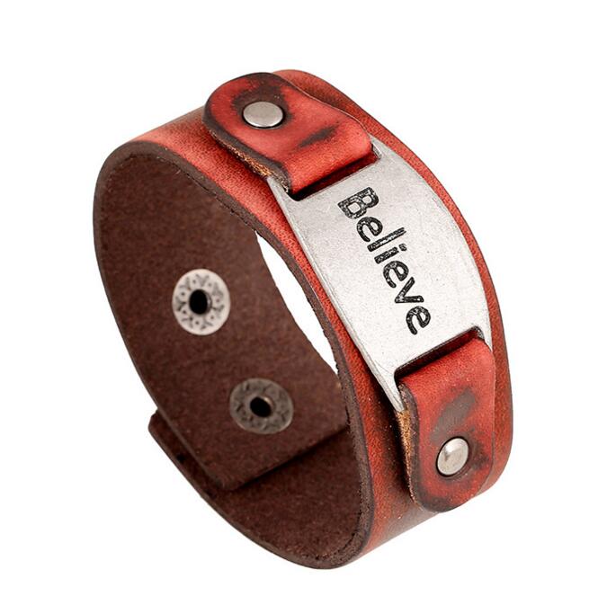 Leather Cuff Men Jewelry Believe Charm Mens Bracelets Bangles