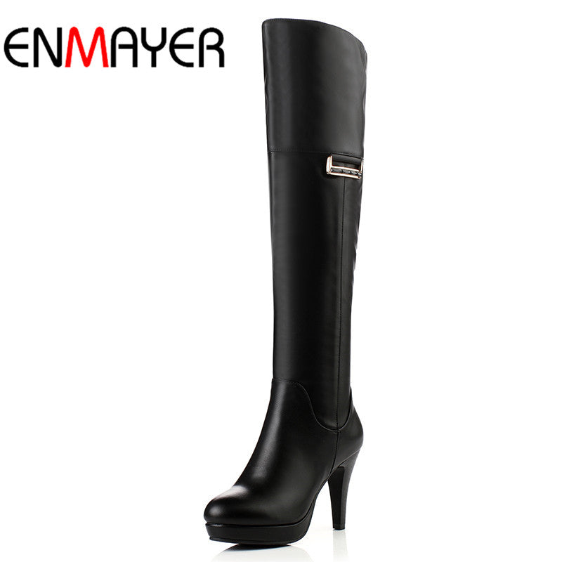 ENMAYER Winter Long Boots Zipper Buckle Boots Women Over the Knee High Shoes Fashion Women Shoes Spikle Heels Black Ladies Shoes