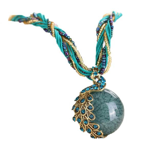 Bohemian Womens Rhinestone Peacock Gem Pendant Statement Necklace BU