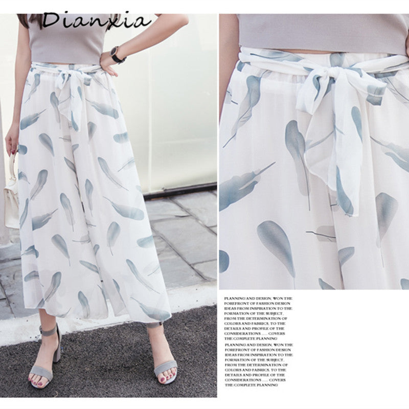 Dianxia wide leg pants new white feathers high waist printing chiffon loose beach pants