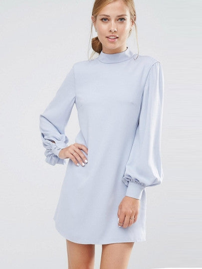 Plain Blue Lantern Sleeve Women's Day Dress