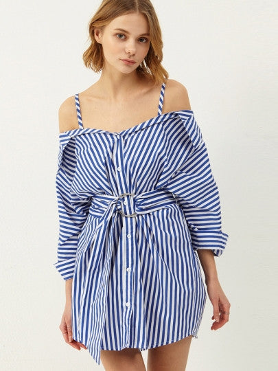 Blue Striped Lace up Women's Day Dress