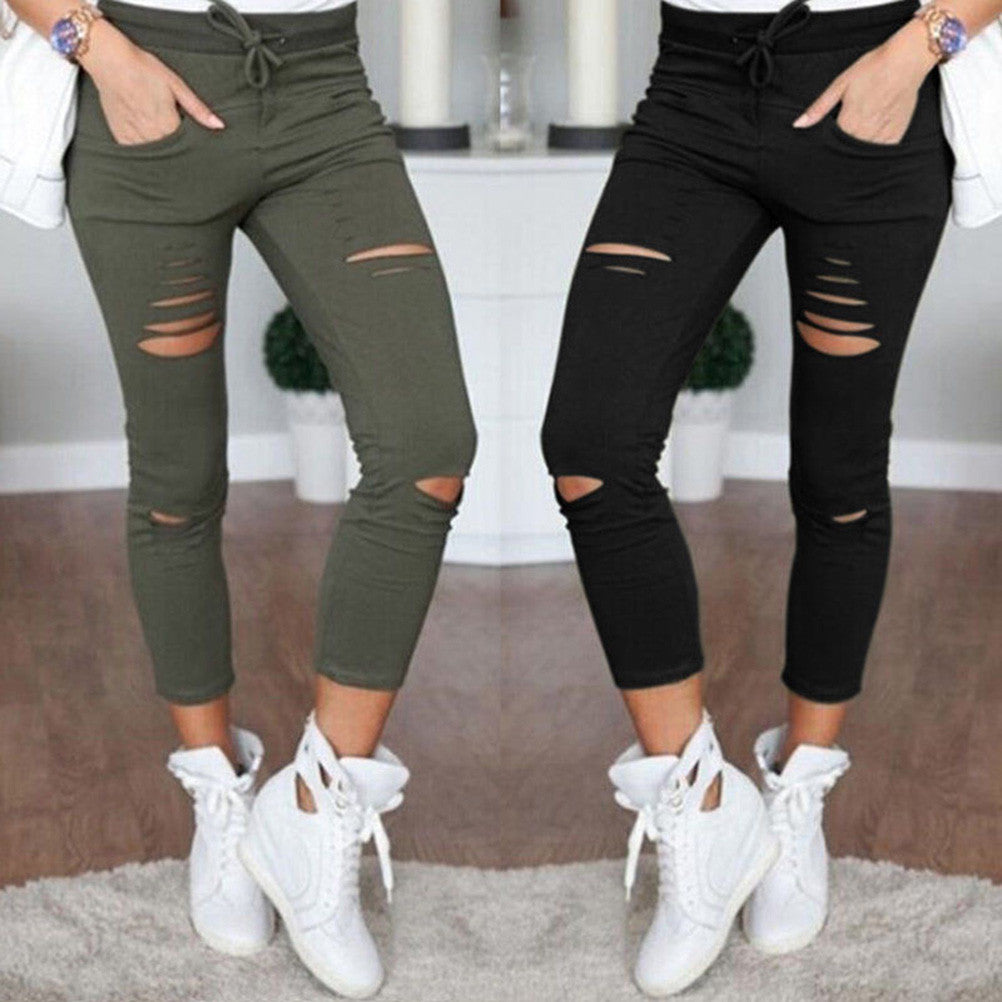 Women Skinny Ripped Pants Leggings High Waist Stretch Slim Pencil Cropped Ninth Trousers