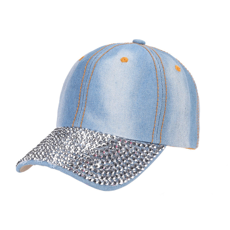 Unisex Studded Crystal Rhinestone Brim Adjustable Jean Baseball Cap Hat