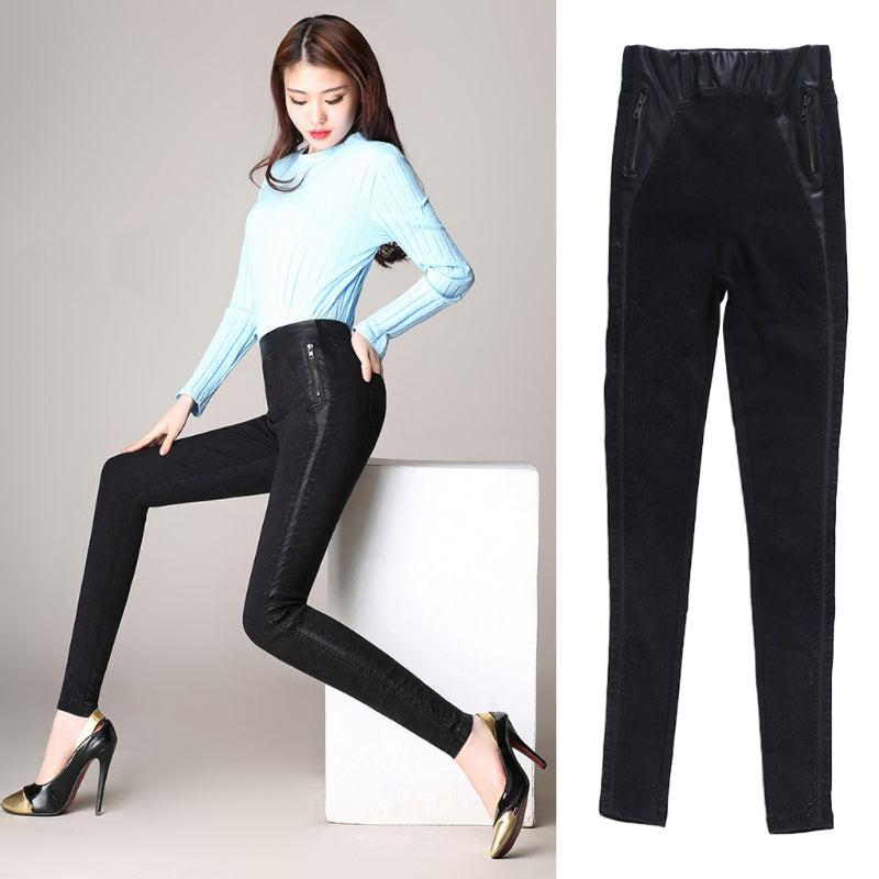 Big Yards 2017 Spring and Summer New Women PU Leather Stitching Female Pencil Slim Skinny Pants Slim Hip Elastic Waist Trousers