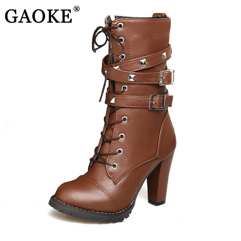 GAOKE Ladies shoes Women boots High heels Platform Buckle Zipper Lace up Leather boots Size 34-43