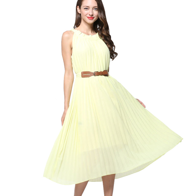 Big Swing Dress Women Solid Plus Size Chiffon Pleated Beach Dress Tunic Halter Neck