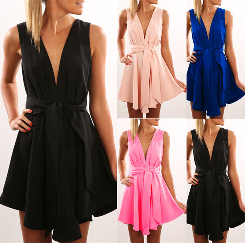 Sexy V Collar Sleeveless Dress Waist Bandage