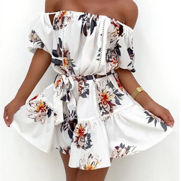 Print dress lace word shoulder halter dress