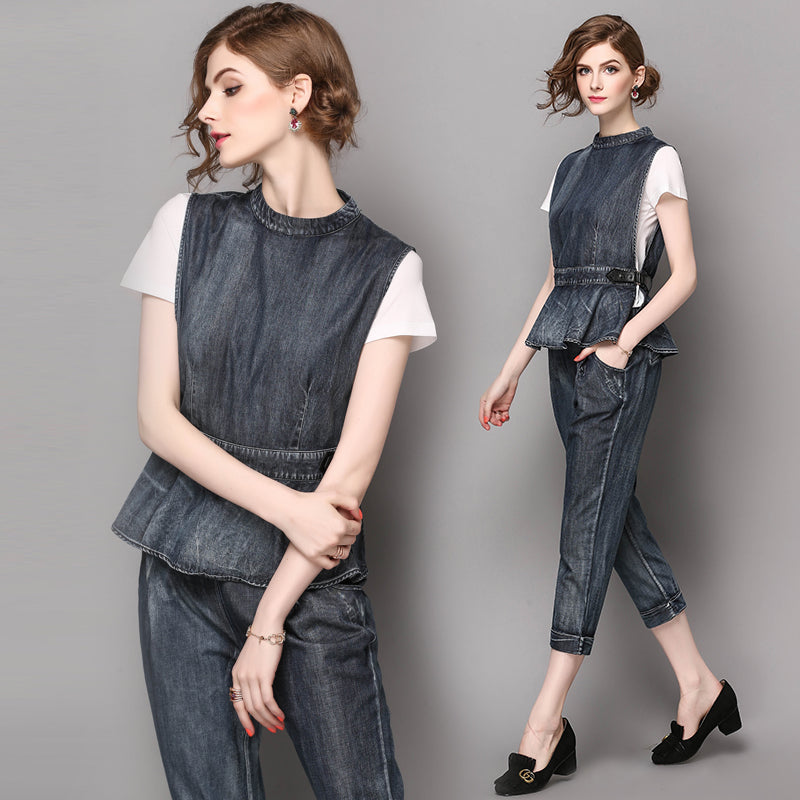 Women's jacket Make the old cowboy pajamas T-shirt three-piece kendall jenner Straight suit pants Dresses 4903