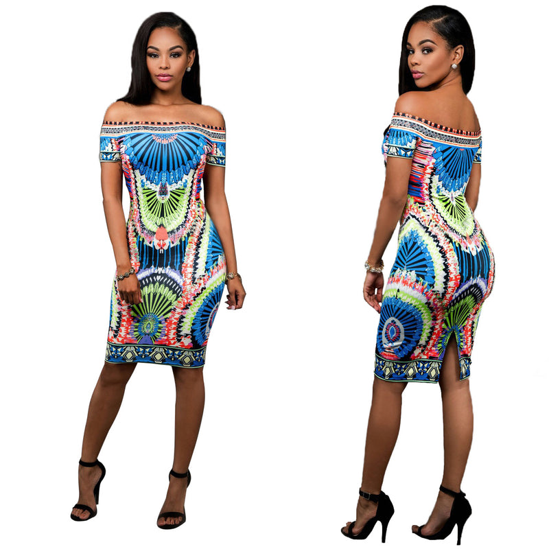 Folk Style Sexy High Elastic Printing Slim High Hip Dress