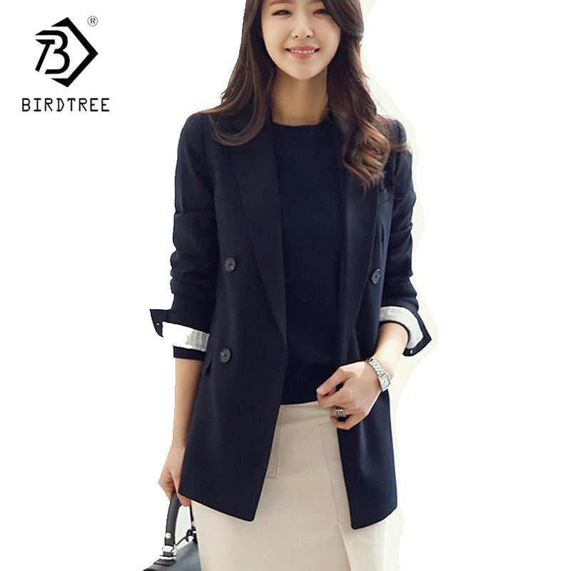 Women Vintage Solid Blazers European Style Long Sleeves Notched Collar Ladies Suit Jackets Double-breasted Casual Blazer