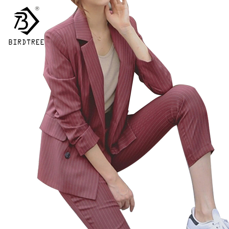 Double Breasted Striped Blazer Jacket & Zipper Pant Work Pants Suits 2 Piece Sets Office Lady Suits