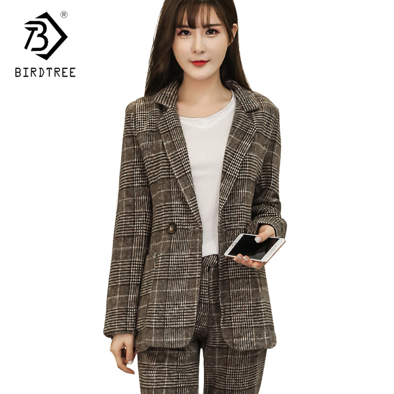 Pant Suits 2 Piece Sets Double Breasted Plaid Blazer Jackets & Zipper Pants Office Lady Suit Women Outfits