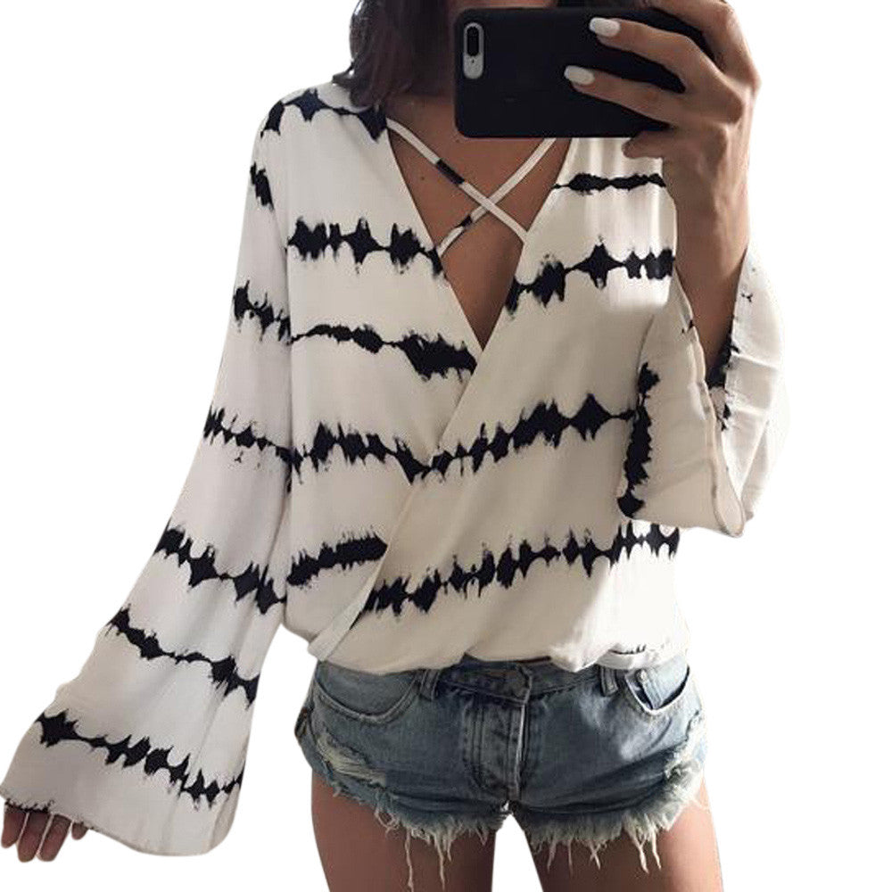 Women Loose Long Sleeve Printed Tops Chiffon Casual Blouse